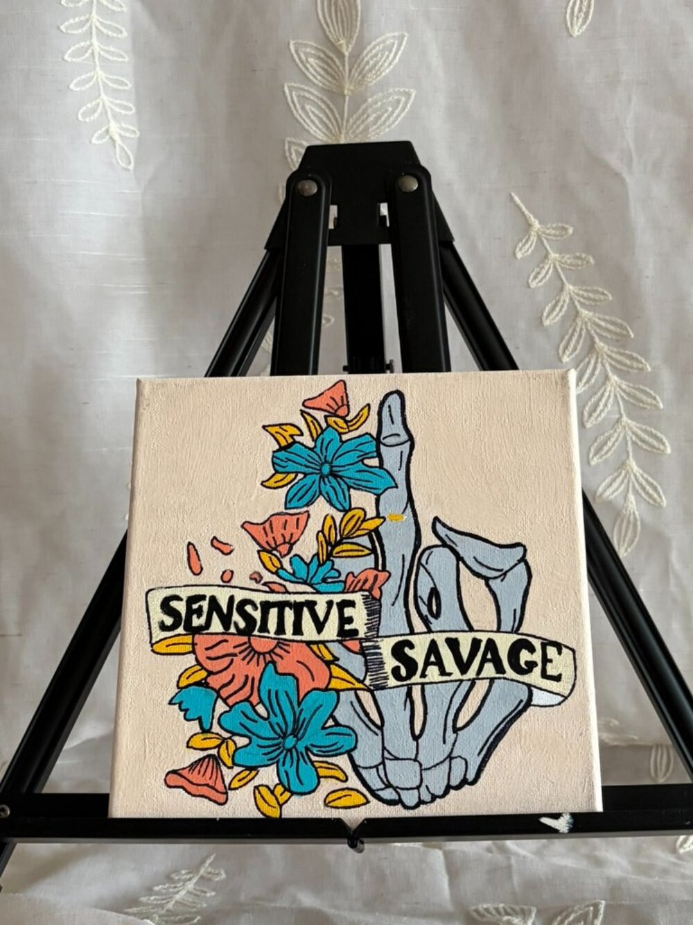 Hand Painted Sensitive Savage Floral Skeleton Canvas 8x8